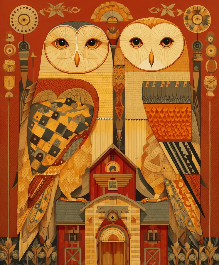 Folkloric Owl Couple - Owl Folk Art Prints – 8″x10″ Artwork in 10″x12″ Mat