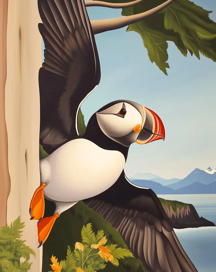 Puffin Viewing from Tree - 8"x10" Artwork for 11"x14" Frame