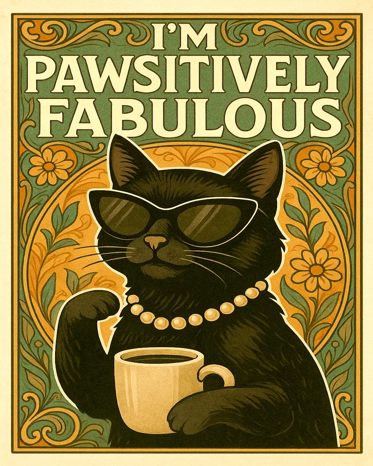 Pawsitively Fabulous Black Cat- Punny Animals Art Prints – 8″x10″ Artwork for 11″x14″ Frame