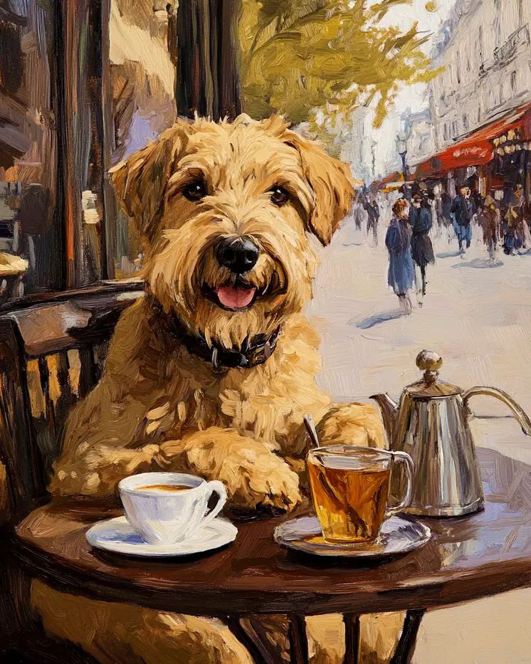 Soft Coated Wheaten Terrier Having Tea in Paris - Pet Dog Still Life Wall Art Prints – 8″x10″ Artwork for 11″x14″ Frame