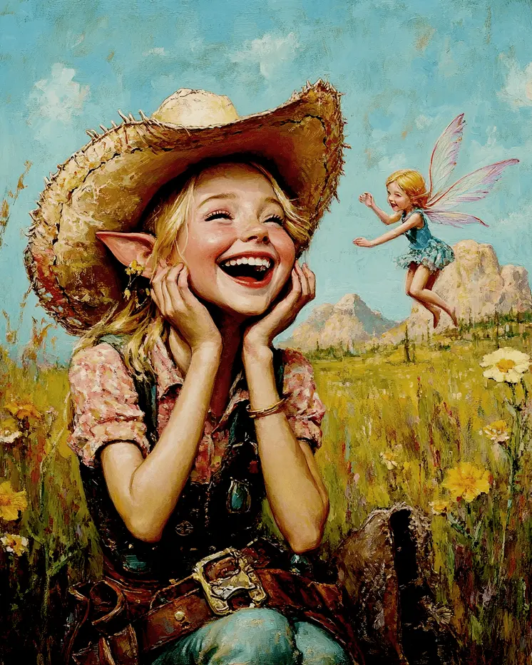 Fairy and Elf Have a Good Laugh - Southwestern Art Prints 8"x10" Artwork for 11"x14" Frame