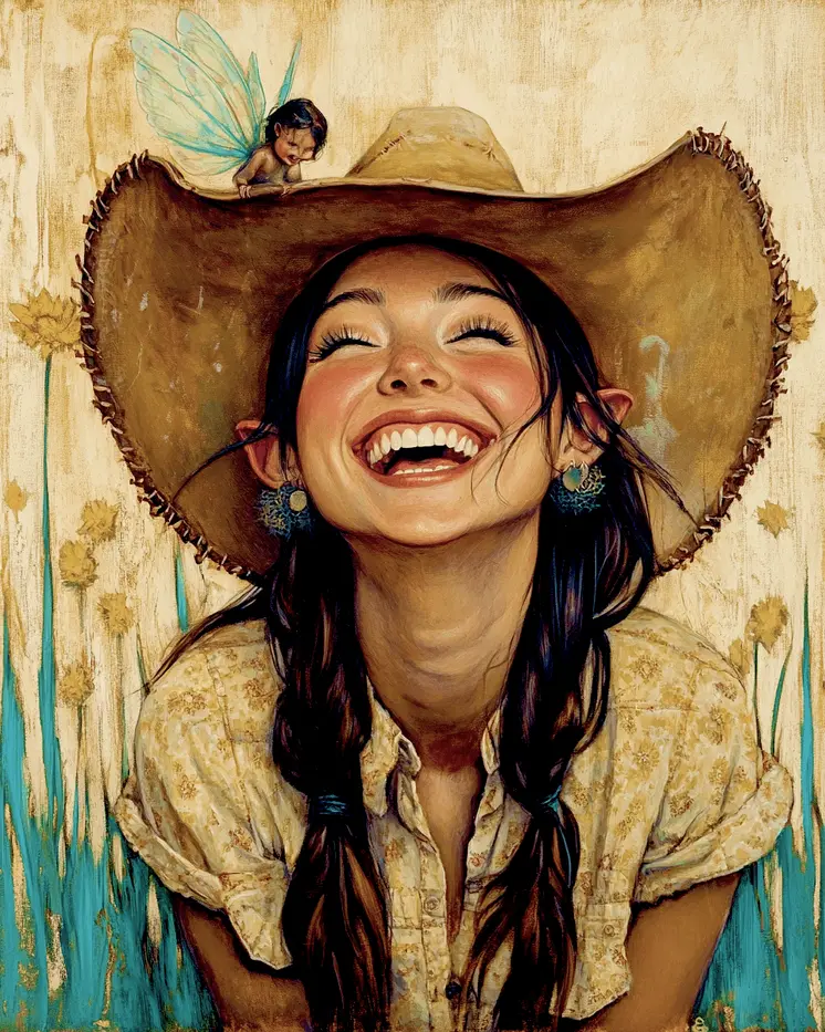 Fairy Telling a Joke to a Cowgirl - Southwestern Art Prints 8"x10" Artwork for 11"x14" Frame