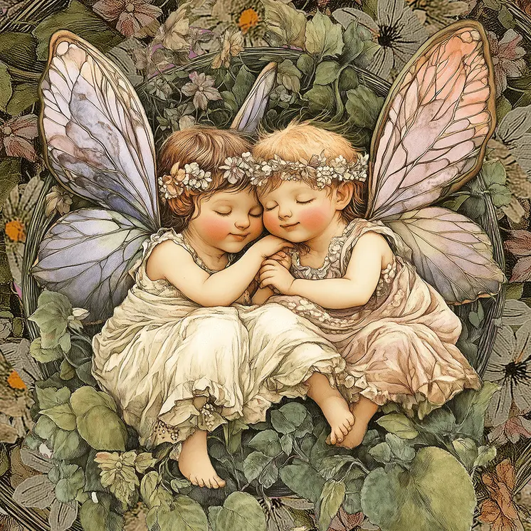 Art Nouveau Two baby Fairies Sleeping - 8"x8" Art Prints
