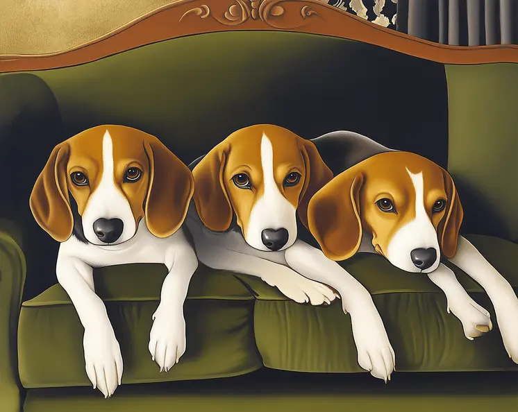 Beagles on Green Velvet Sofa art print - Pet Dog Still Life Wall Art Prints – 8″x10″ Artwork for 11″x14″ Frame