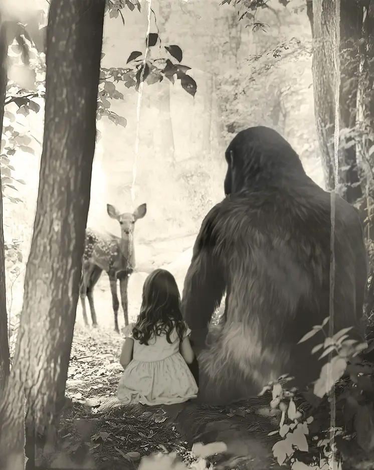 Bigfoot And Girl Spot a Fawn - Cryptids  8"x10" Artwork for 10"x12" Frame
