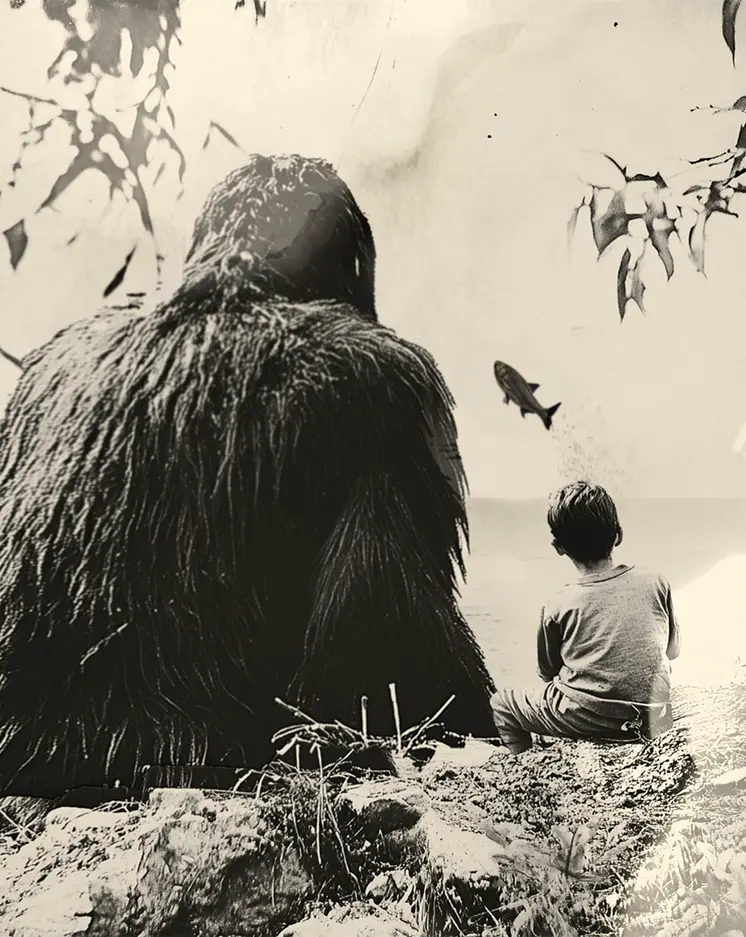 Bigfoot and Boy and Silver Carp - Cryptids  8"x10" Artwork for 10"x12" Frame