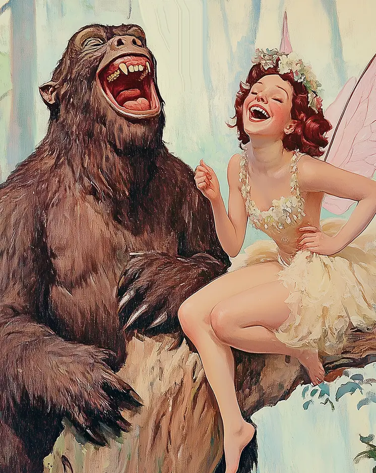 Bigfoot and Fairy Having a Laugh – 8″x10″ Artwork in 10″x12″ Mat