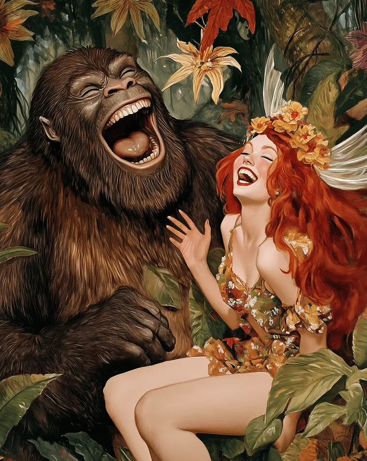 Bigfoot is Hilarious to Fairy – 8″x10″ Artwork in 10″x12″ Mat