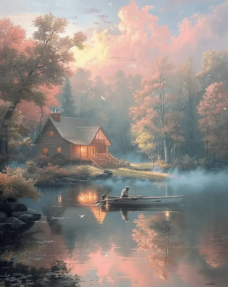 Canoe Under Pink Clouds - Classic Landscape 8"x10" Art Print