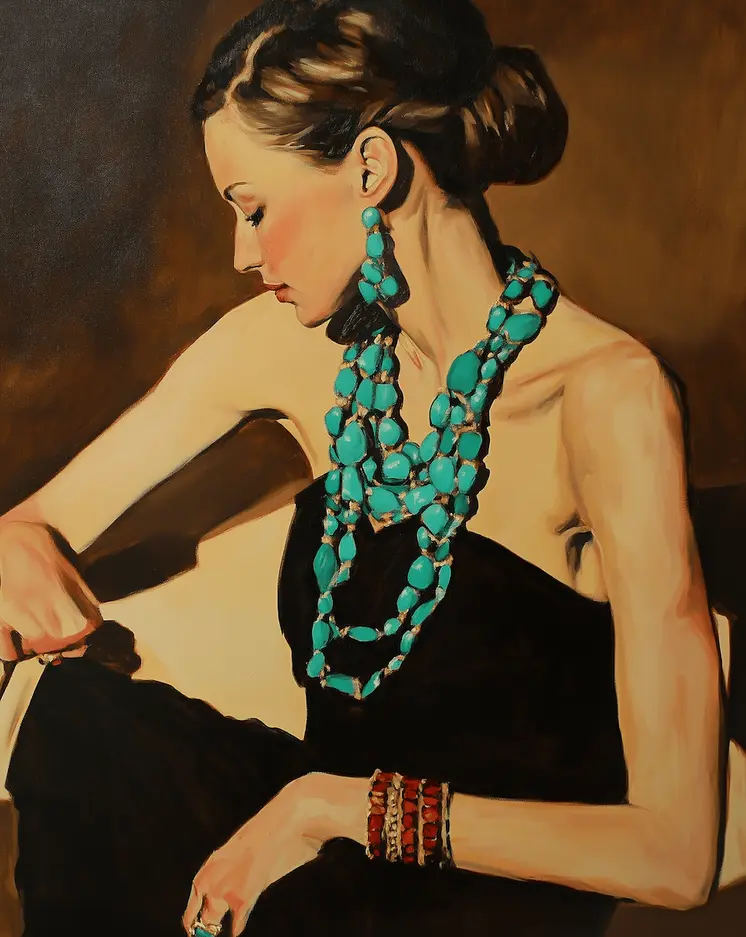 Elegant Woman in Turquoise - Southwestern Art Prints 8"x10" Artwork for 11"x14" Frame