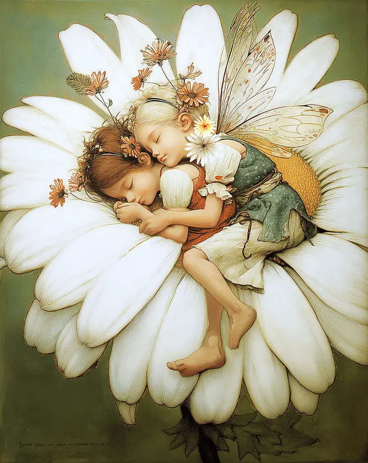 Fairies Napping in a Daisy – 8″x10″ Artwork in 10″x12″ Mat