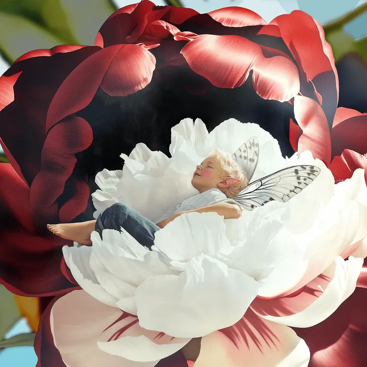 Fairy Asleep in a Peony – 8″x8″ Artwork in 12″x12″ Mat