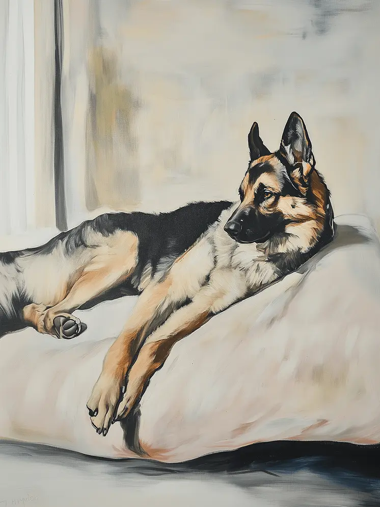 German Shepherd Lounging - Pet Dog Still Life Wall Art Prints – 8″x10″ Artwork for 11″x14″ Frame