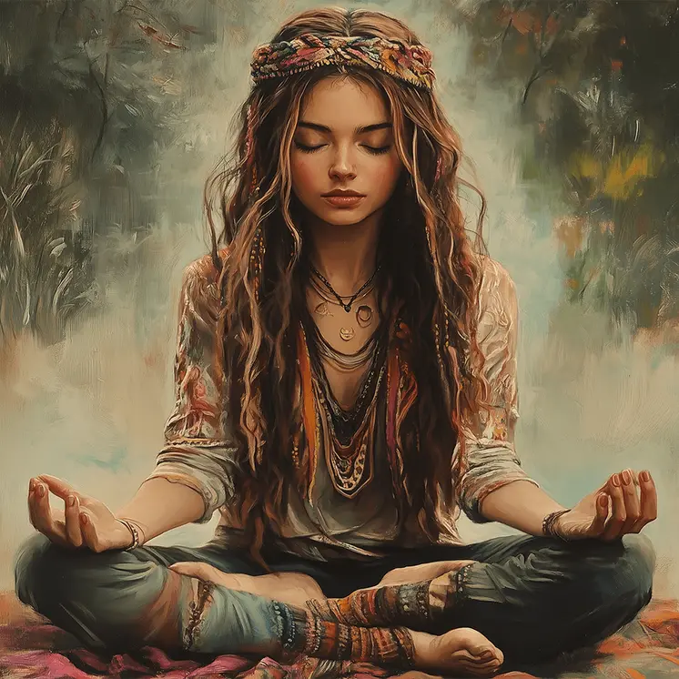 Hippie Girl Meditating Art Print –  8″x8″ Artwork for 12″x12″ Frame