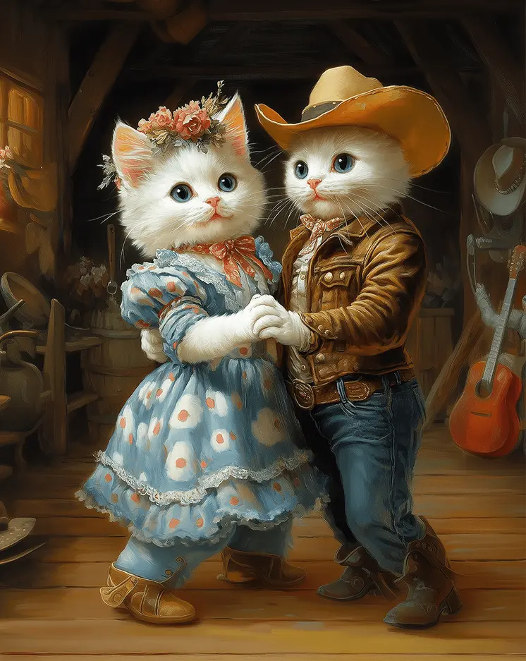 Kitten Couple Barn Dancing - Anthropomorphic Cat Wall Art Prints – 8″x10″ Artwork for 11″x14″ Frame