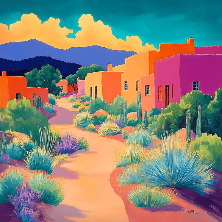 Saturated Adobe Village Landscape  8"x8" Art Print