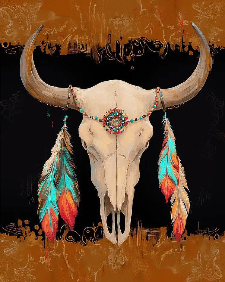 Skull with Feathers - Southwestern Art Prints 8"x10" Artwork
