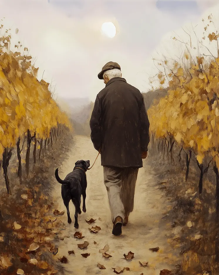 Vineyard Walk With Henry and Pete - Wine Wall Art Prints – 8″x10″ Artwork for 11″x14″ Frame