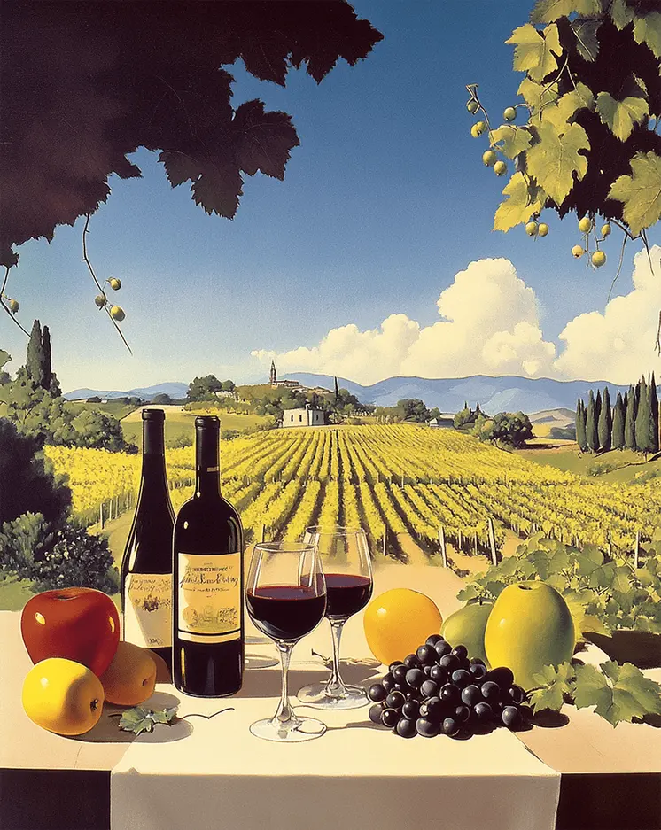 Wine Still Life with Vineyard Backdrop - Wine Wall Art Prints – 8″x10″ Artwork for 11″x14″ Frame