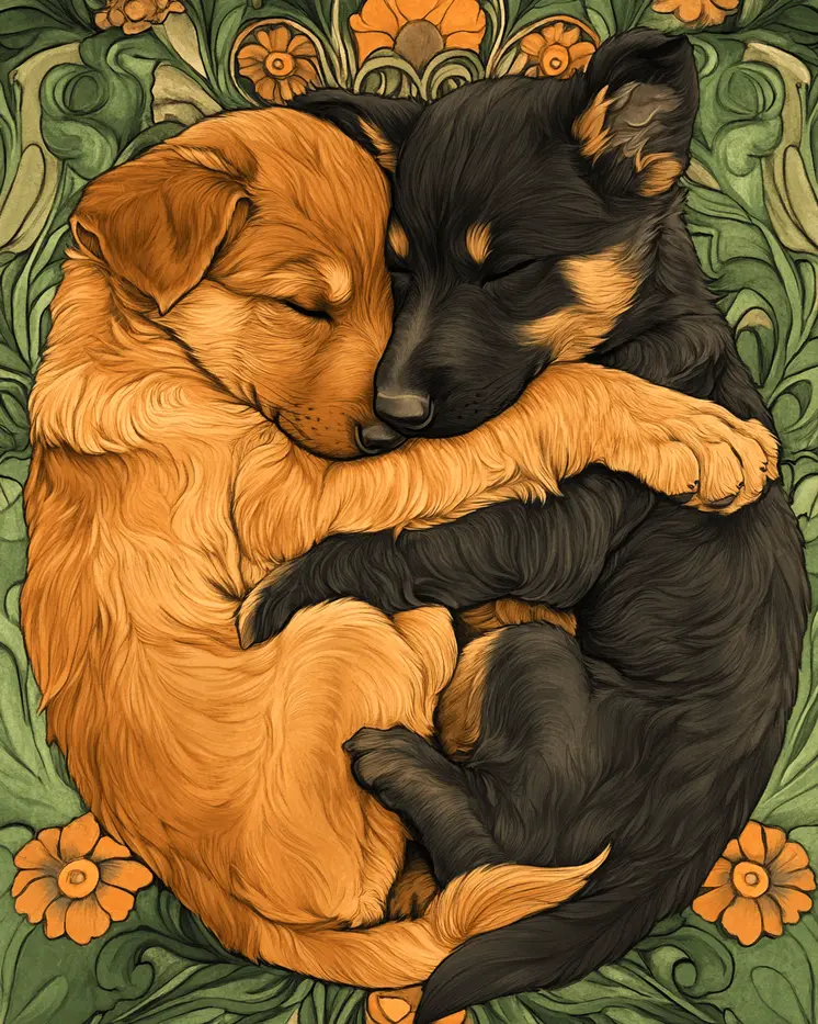Two Puppies Sleeping - Pet Modern Art Prints – 8″x10″ Artwork for 11″x14″ Frame