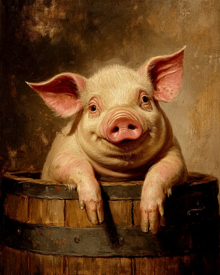 Pot-Bellied Pig Barrel - Animal Still Life Art Prints – 8″x10″ Artwork for 11″x14″ Frame