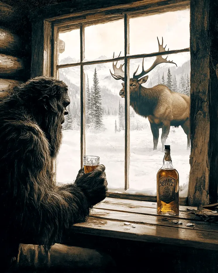 Bigfoot Watches a Bull Elk - Cryptids  8"10" Artwork for 11"x12" Frame