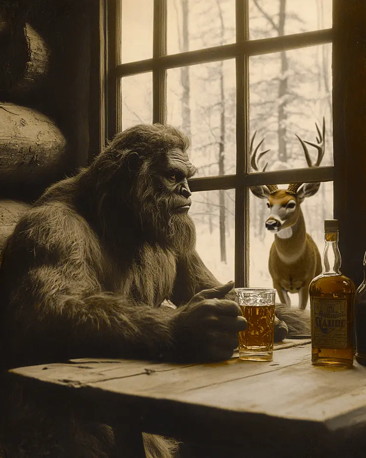 Bigfoot Watches an Buck Deer - Cryptids  8"10" Artwork for 11"x12" Frame