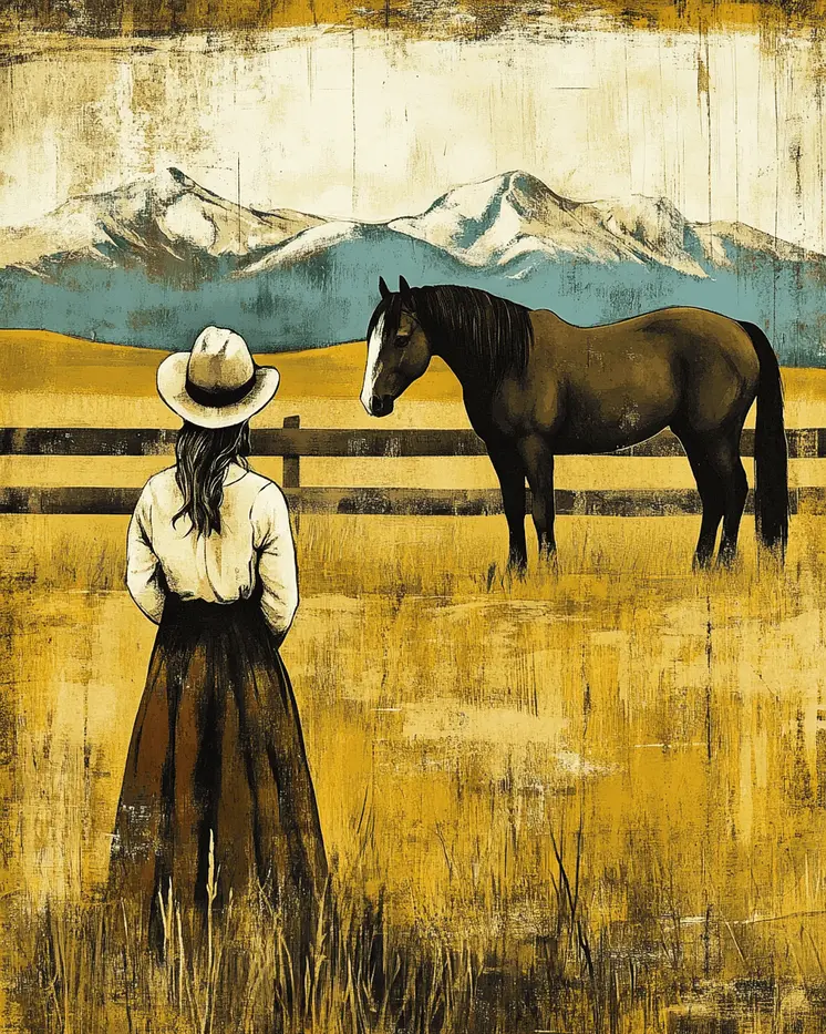 Vintage Cowgirl with Horse on American Prarie - American West Art Prints