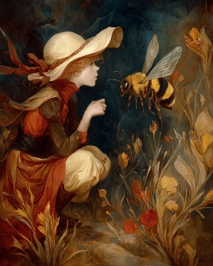 Young Cowgirl Talking to a Bumblebee Western Art Print - 8"x10" Artwork
