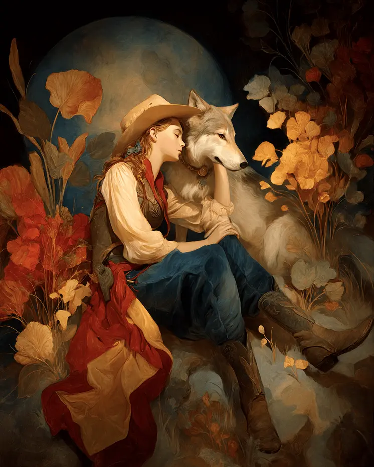 A Cowgirl and Her Wolf Western Art Print - 8"x10" Artwork