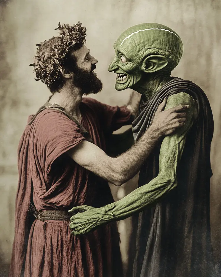 Greek Greets Alien - Cryptids Art Prints - 8"x8" Artwork for 12"x12" Frame
