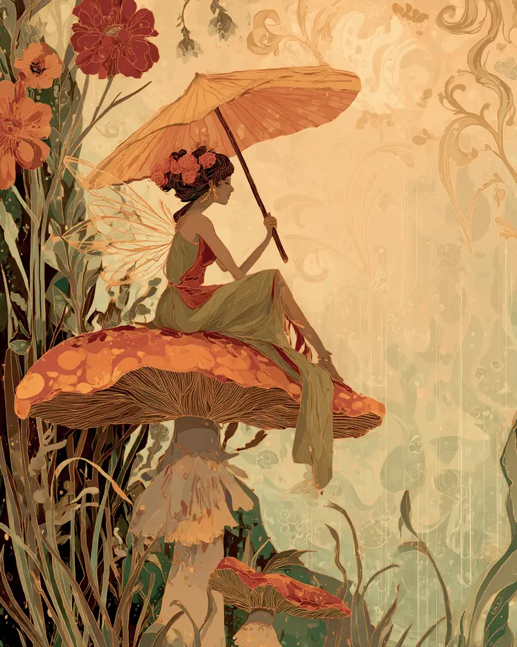 Fairy on a Mushroom During a Sunshower Art Print - Fairies 8"x10" Artwork