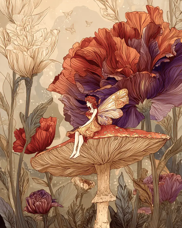 Tiny Fairy on a Mushroom Art Print - Fairies 8"x10" Artwork