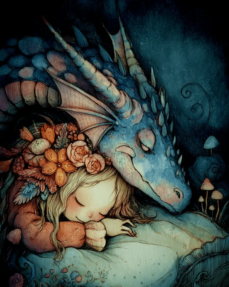 Fairy Sleeping with Her Pet Dragon Art Print - Fairies 8"x10" Artwork