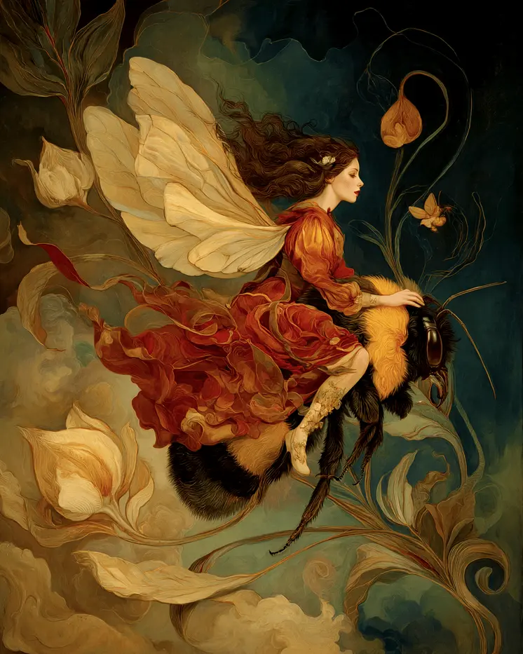 Fairy Hitching a Ride on Bumblebee Art Print - Fairies 8"x10" Artwork