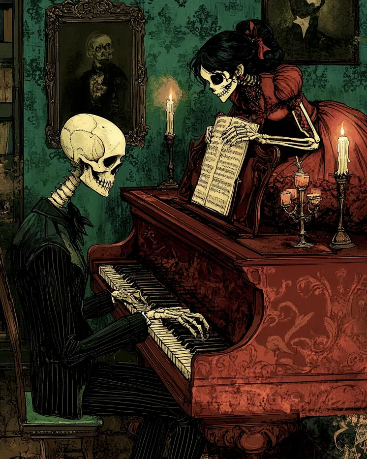 Goth Skeleton Playing Piano with Help Art Prints - Gothic 8"x10" Artwork