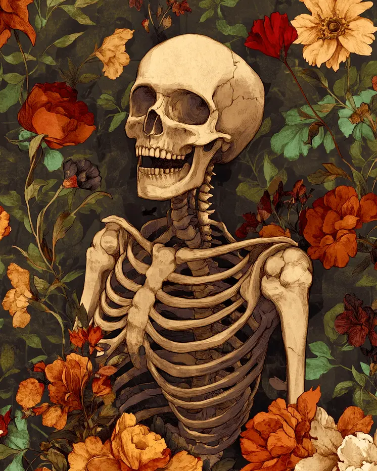 Goth Laughing Skeleton & Roses Art Prints - Gothic 8"x10" Artwork