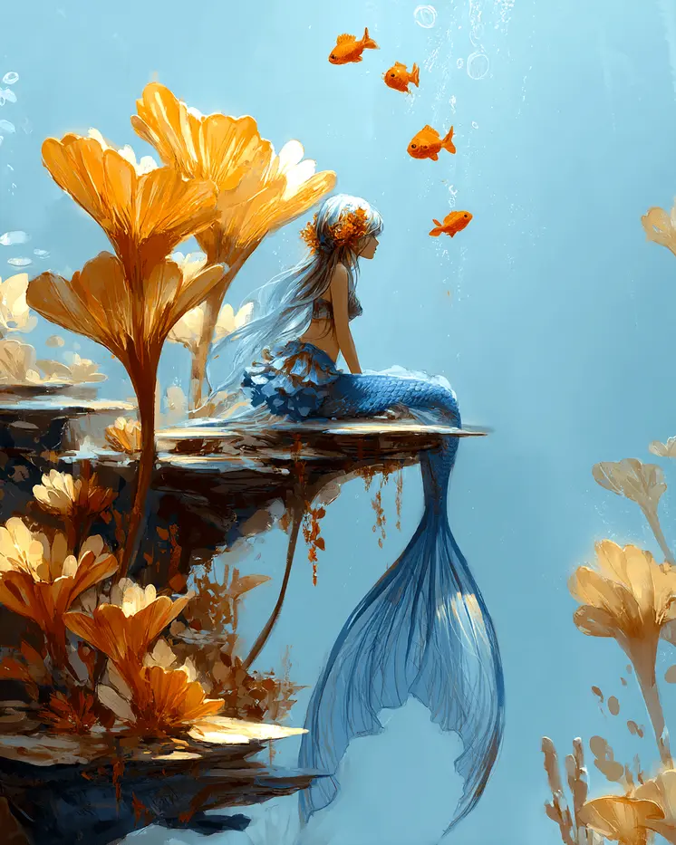 Mermaid Sitting on Ledge Coastal Art Print - 8"x10" Artwork