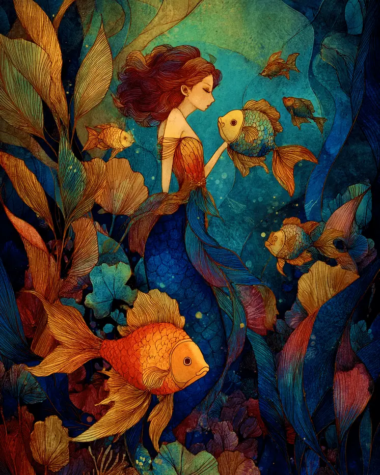 Mermaid with Fish Friend Coastal Art Print - 8"x10" Artwork