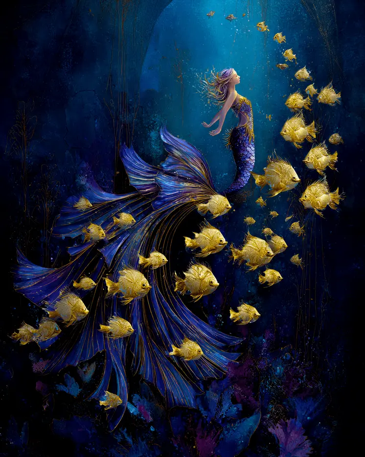 Gold and Blue Mermaid Coastal Art Print - 8"x10" Artwork