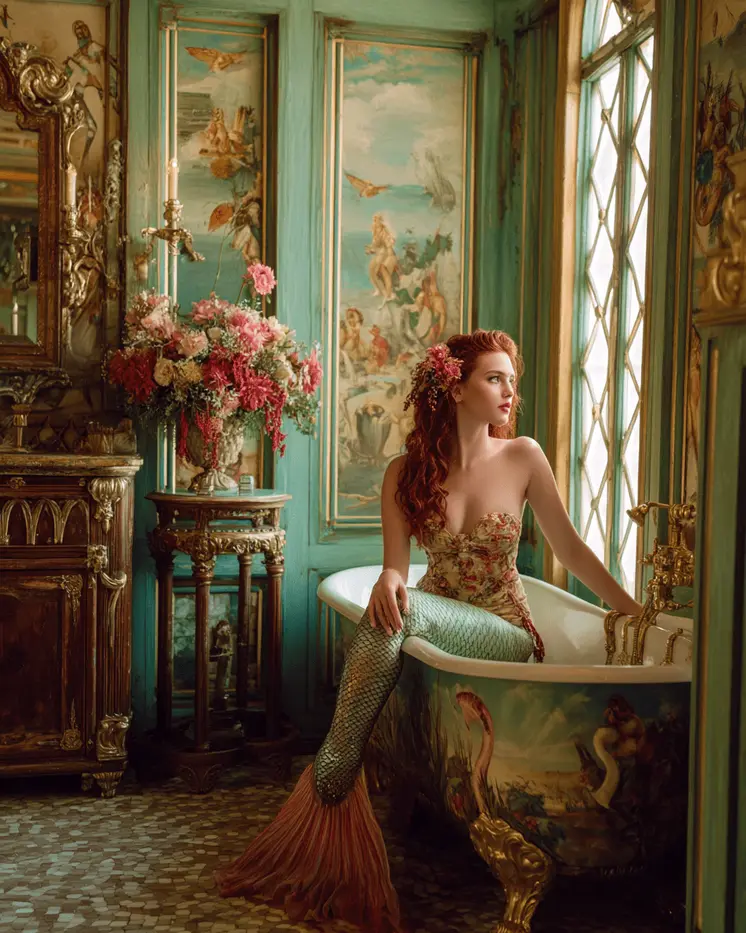Mermaid in Venice Parlor Coastal Art Print - 8"x10" Artwork