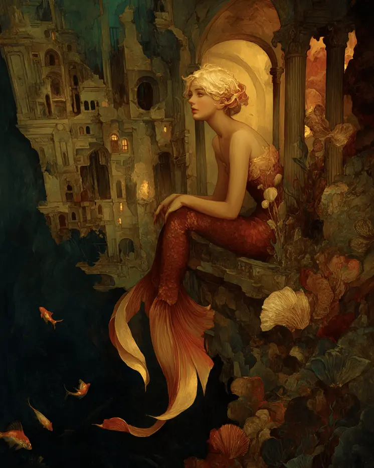 Mermaid Looking at Shipwreck Coastal Art Print - 8"x10" Artwork