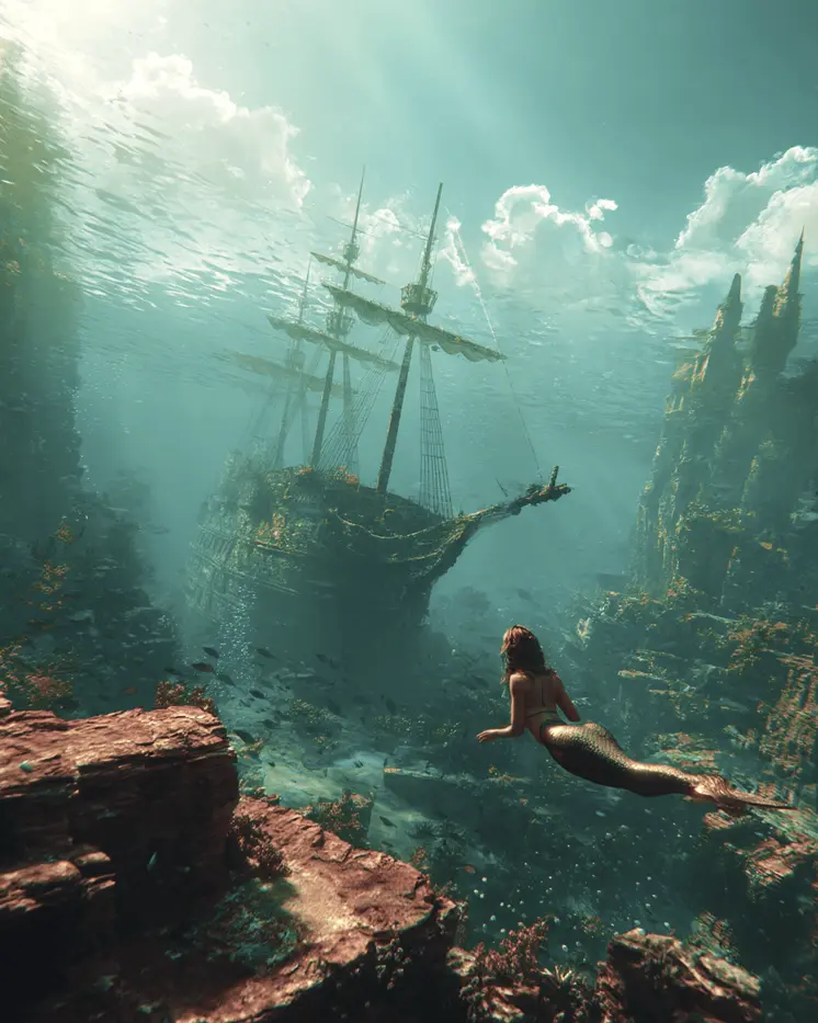 Mermaid and Sunken Ship Surrealism Coastal Art Print - 8"x10" Artwork