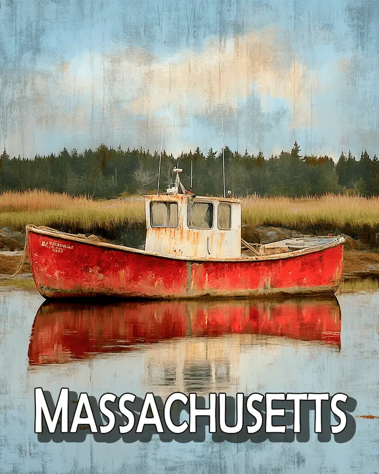 Serene Lobster Boat - Massachusetts Souvenir Art Prints - 8"x10" Artwork