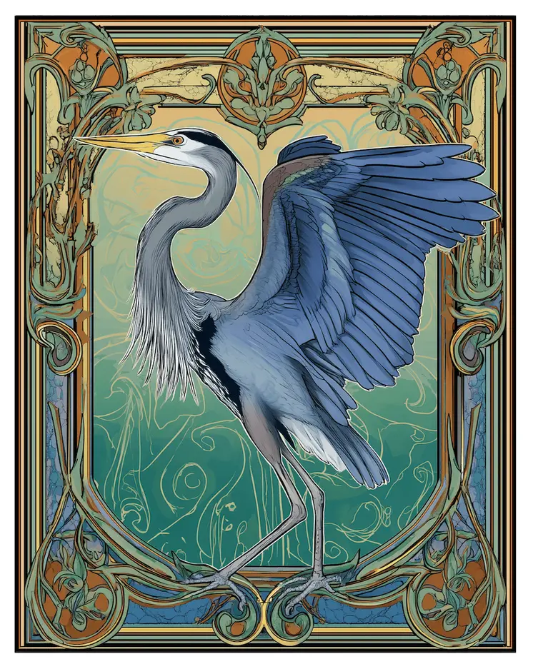 Art Nouveau Great Blue Heron 1 – 8″x10″ Artwork for 11″x14″ Frame