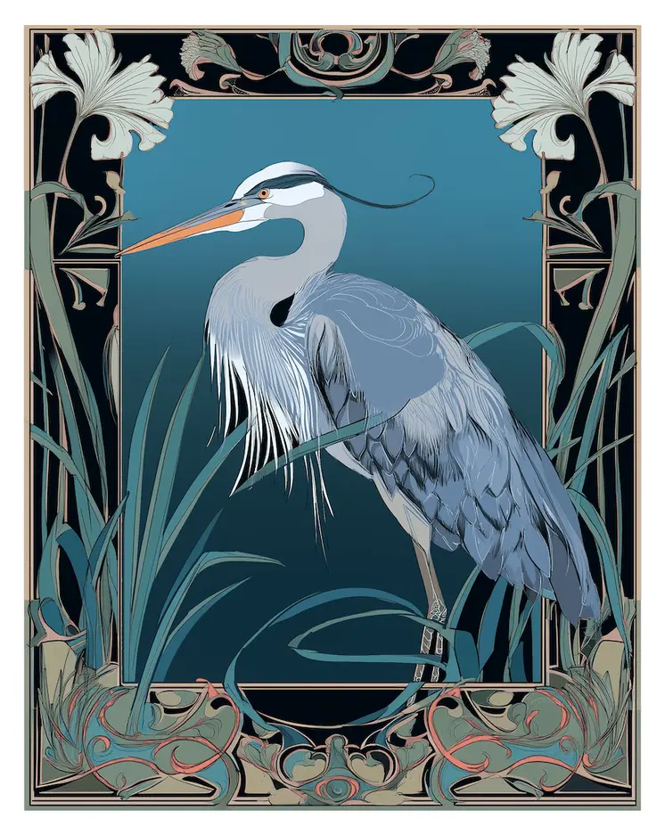Art Nouveau Great Blue Heron 3 – 8″x10″ Artwork for 11″x14″ Frame