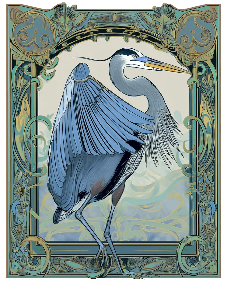 Art Nouveau Great Blue Heron 4 – 8″x10″ Artwork for 11″x14″ Frame