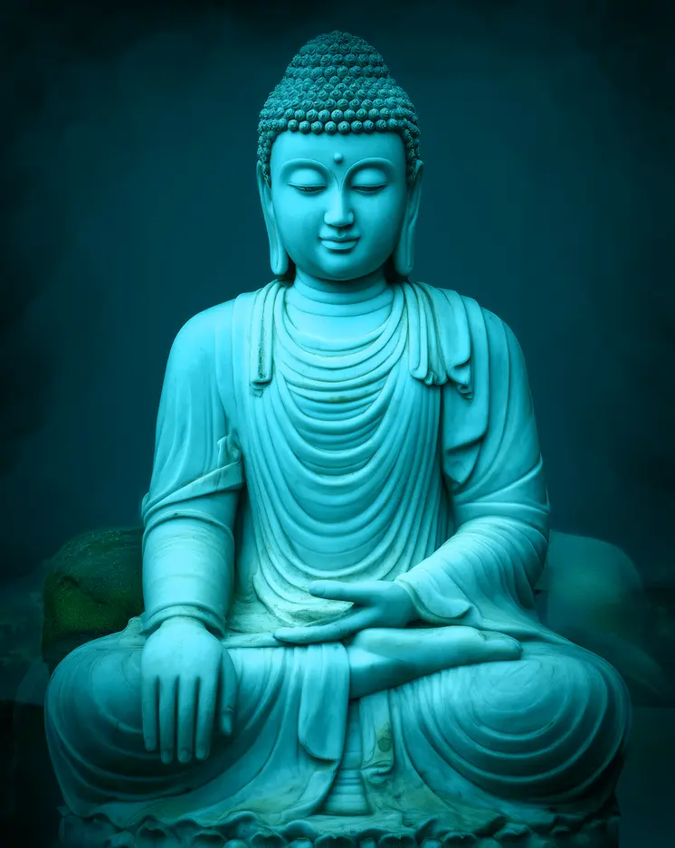 Teal Blue Buddha Sculpture - Zen Art for Meditation Home Decor Wall Art Prints – 8″x10″ Artwork – 11″x14″ Beveled Mat