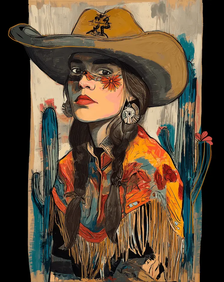 Cowgirl Delia - Turn Up the Volume; Southwestern Colorful Tones - 8"x10" Artwork for 11"x14" Frame