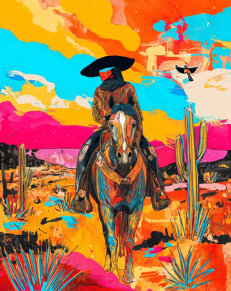 Cowgirl Linda Makes the Rounds - Turn Up the Volume; Southwestern Colorful Tones - 8"x10" Artwork for 11"x14" Frame
